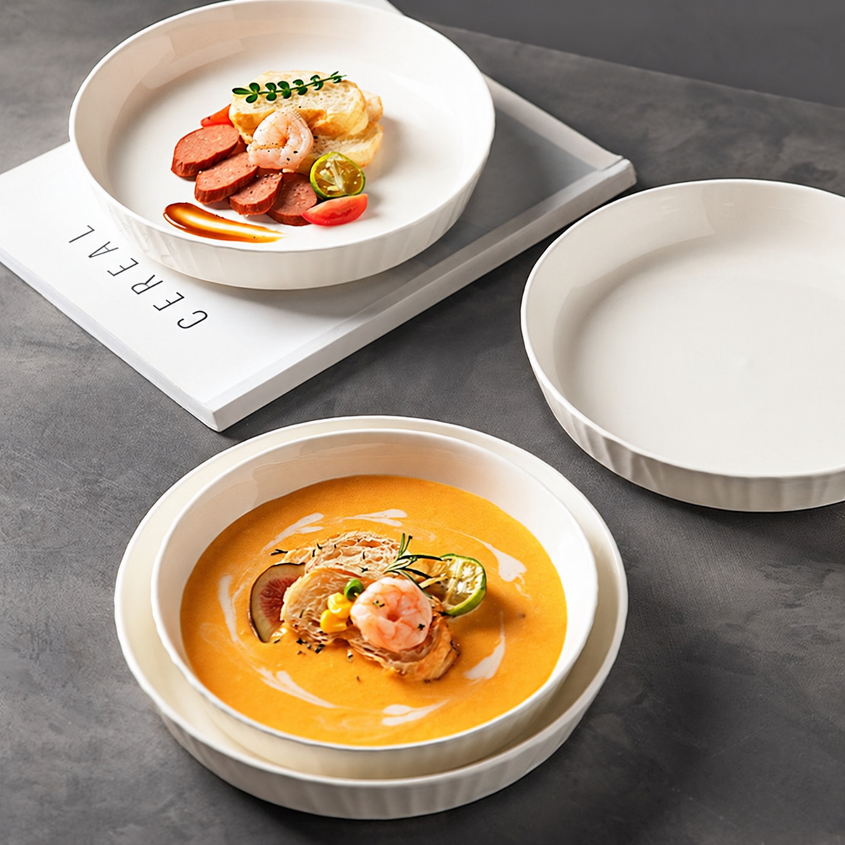 White Ceramic Pasta Bowl – Minimalist Round Serving Plate with Raised Edge for Pasta, Salad, Soup, Dessert & Dining Table