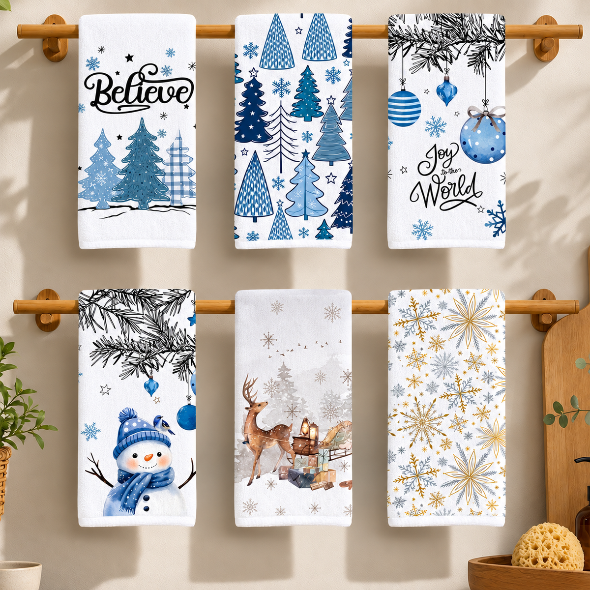Christmas Kitchen Dish Towel Blue Snowman Snowflake Tree Print Decorative Holiday Tea Towel