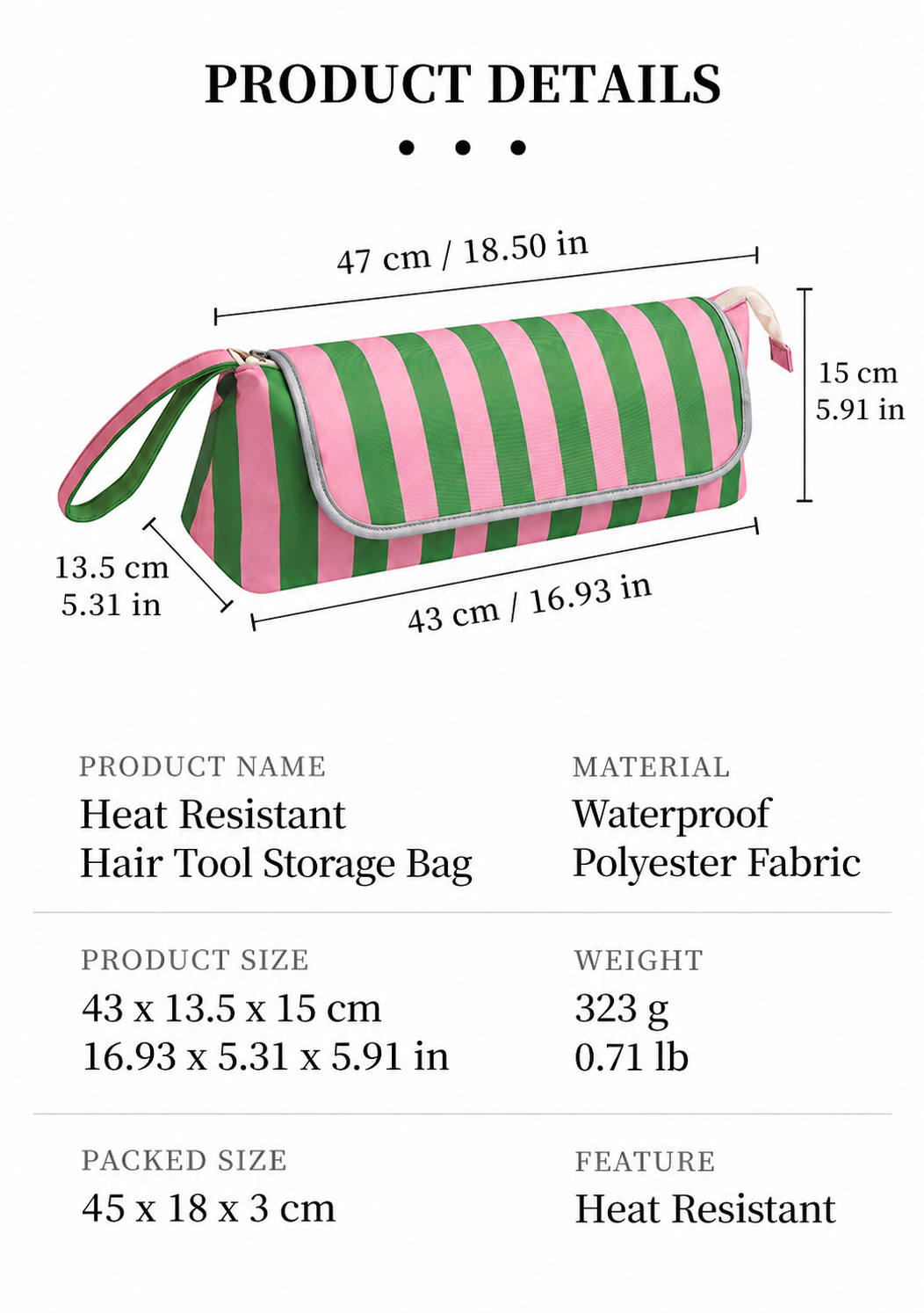 Striped Heat Resistant Hair Tool Bag with Fold Out Mat
