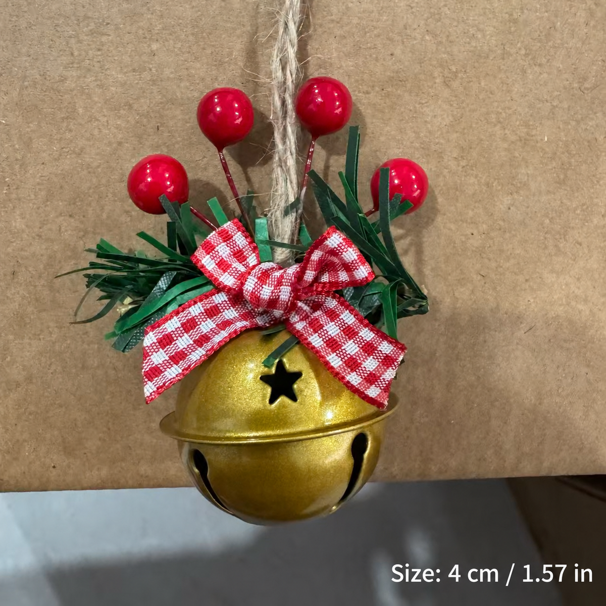 Rustic Christmas Jingle Bell Ornaments with Gingham Bows and Red Berries, 4 cm Hanging Decorations