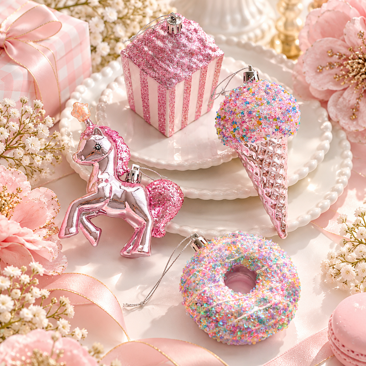 Pink Candy Christmas Tree Ornament Glitter Donut Ice Cream Gift Box Decoration