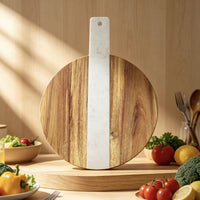 Round Acacia Wood and Marble Inlay Cutting Board with Handle Kitchen Chopping Board Serving Tray Modern Rustic Kitchen Tool