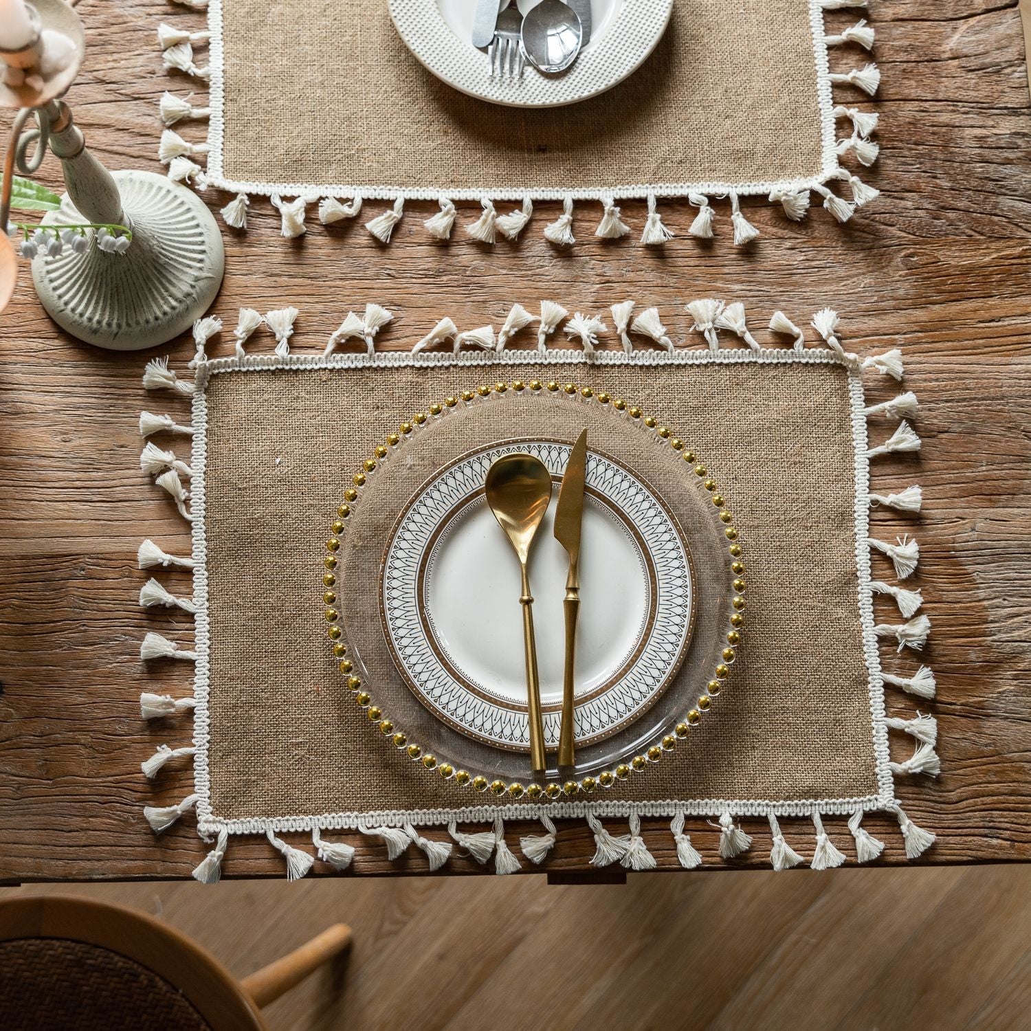 Farmhouse Vintage Jute Placemat with Tassels, Round Bowl Mat, Rectangular Heat Resistant Table Mat & Napkin