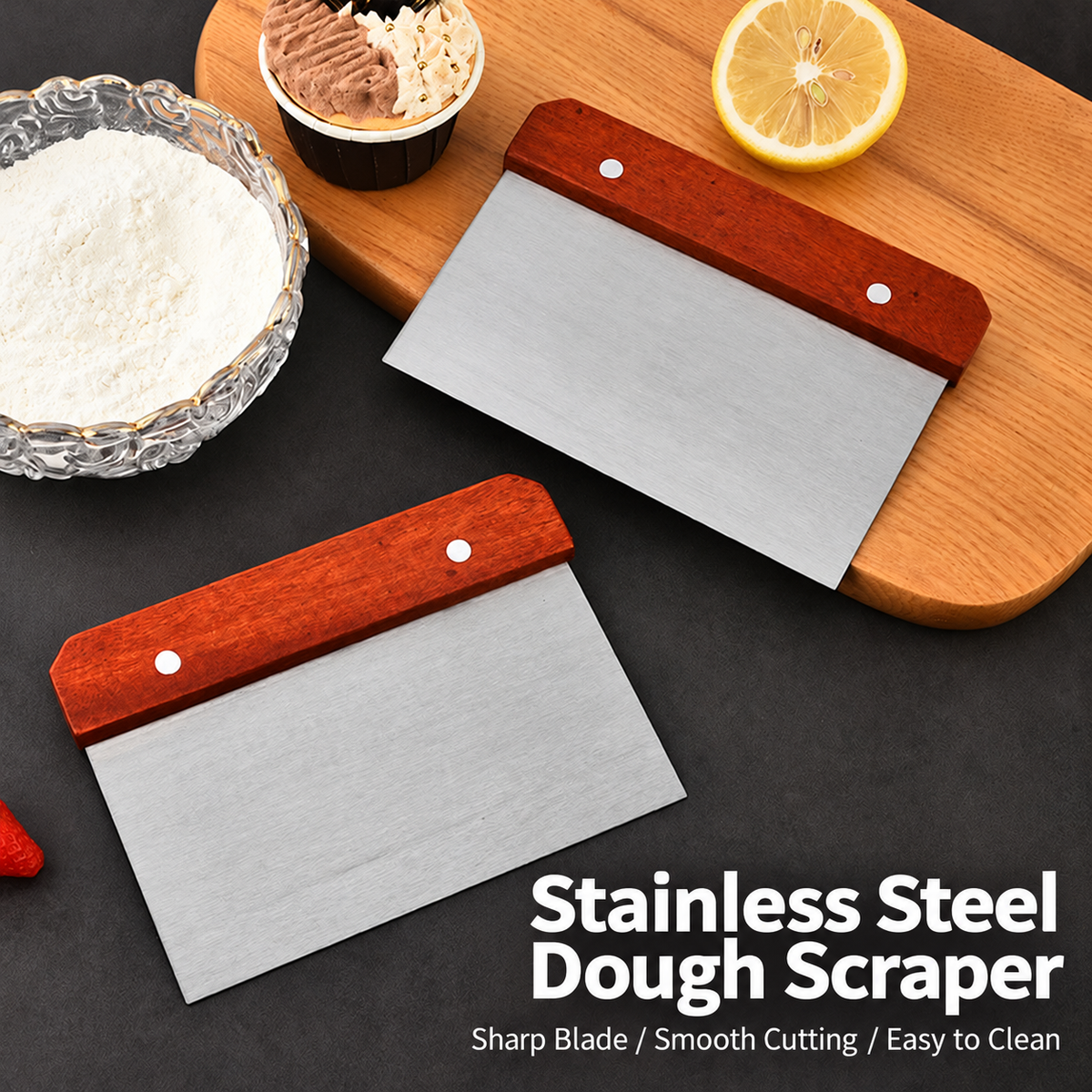 tainless Steel Bench Scraper with Wooden Handle, Rectangular Dough Cutter