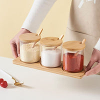 Bamboo Glass Spice Jars Set – Natural Kitchen Storage Containers with Wooden Lids & Spoons