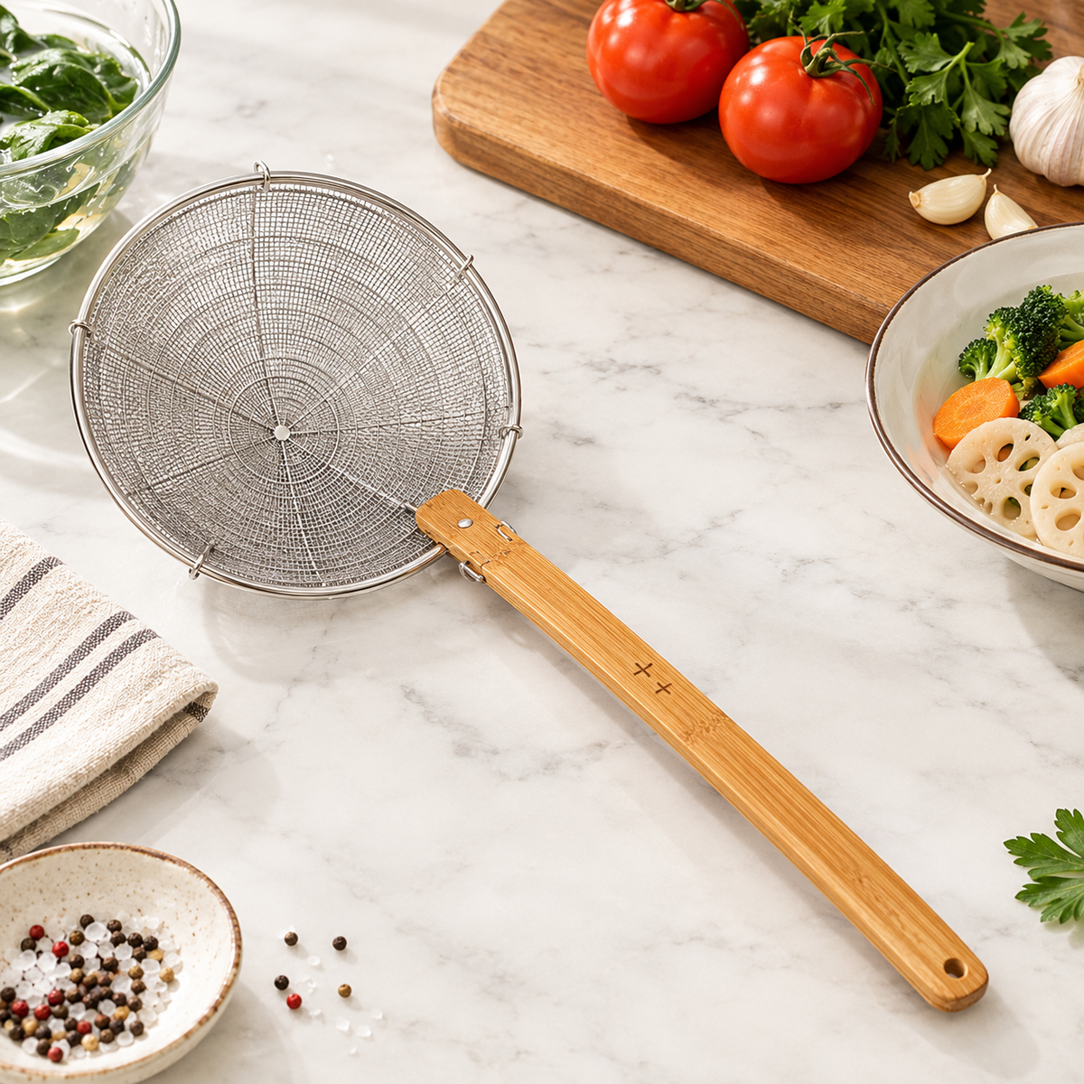 Stainless Steel Spider Strainer with Long Bamboo Handle