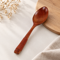 Wooden Spoon with Wrapped Handle, Natural Wood Soup Spoon, Coffee Brown Kitchen Utensil, Rustic Dining Tableware
