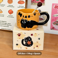 Cute Black Cat Ceramic Mug – 380ml Coffee Cup with Cat Tail Handle, Spoon and Gift Box in Four Colors
