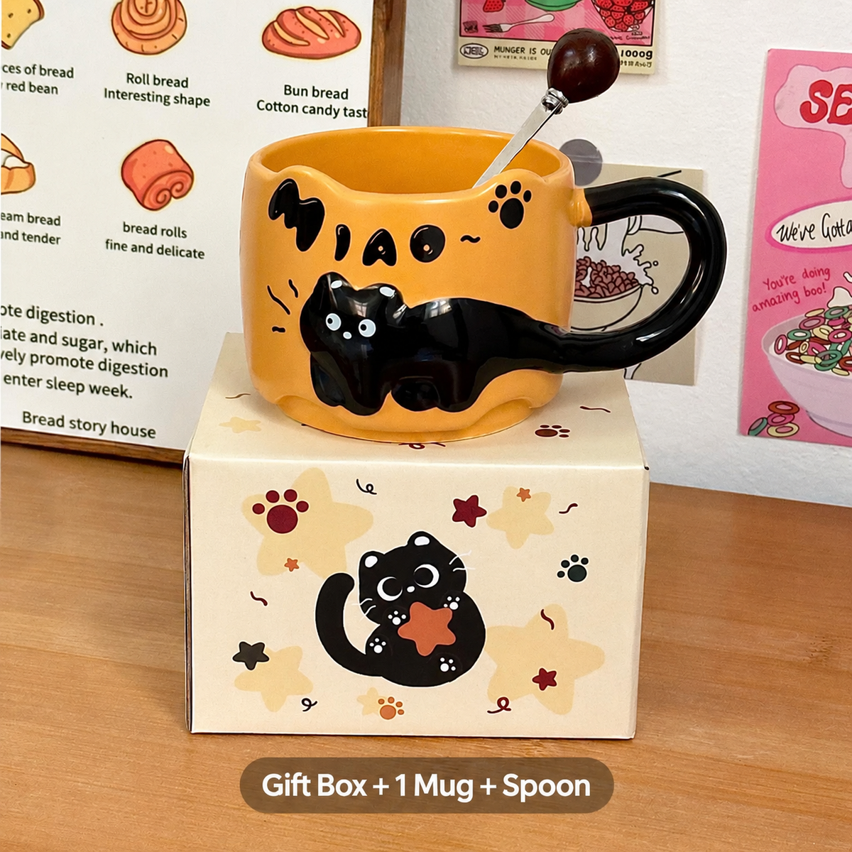 Cute Black Cat Ceramic Mug – 380ml Coffee Cup with Cat Tail Handle, Spoon and Gift Box in Four Colors