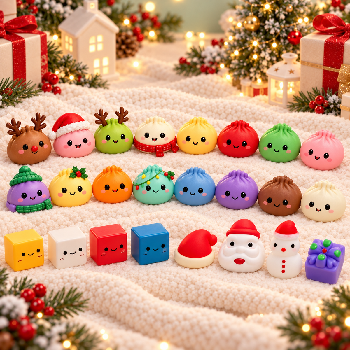 Christmas Dumpling Squishy Advent Calendar, 24-Piece TPR Sensory Toy Set with Festive Characters