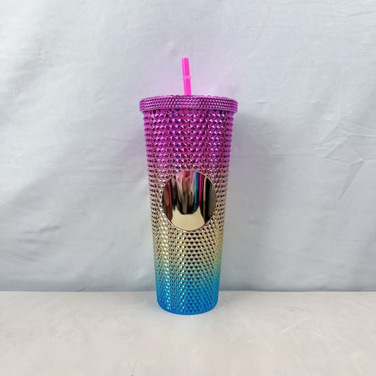 Colorful 24oz Plastic Tumbler With Straw Double Wall Insulated Cup Electroplated Finish Portable