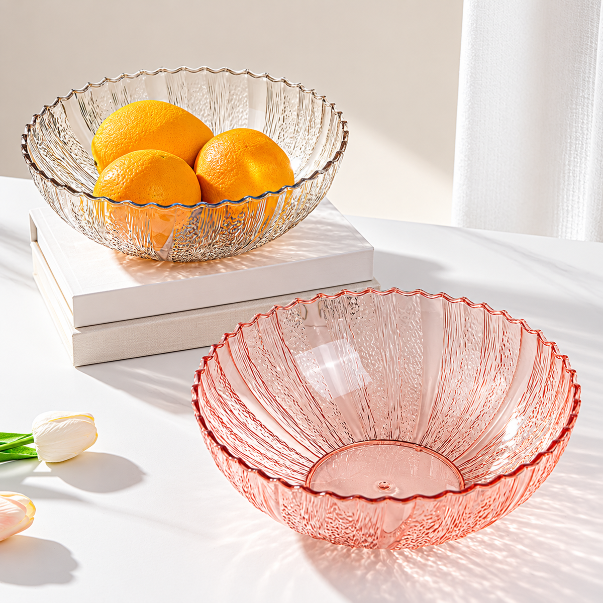 Decorative Ripple Plastic Fruit Bowl Large Flower Shape Snack Serving Basket