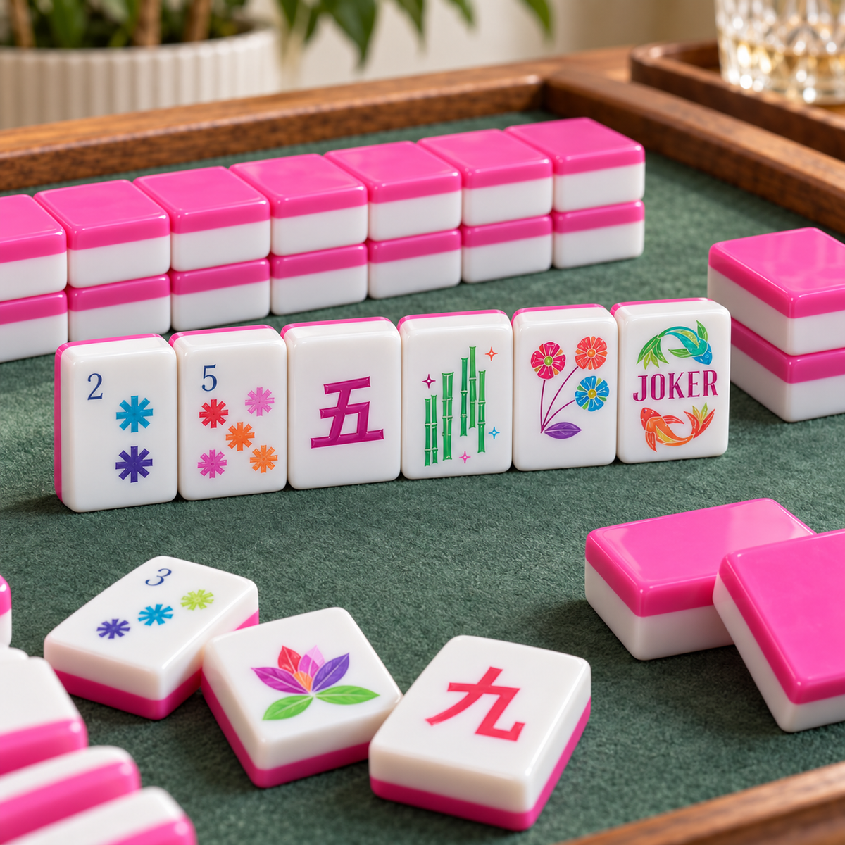 Pink American Mahjong Tiles with Colorful Floral, Bamboo and Joker Designs