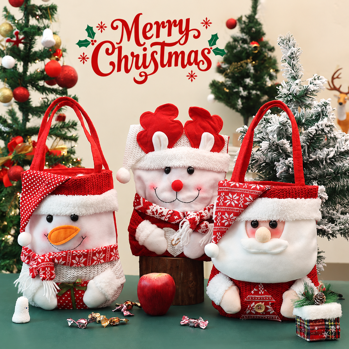 Christmas Plush Santa Snowman Gift Bag with Handles Holiday Candy Treat Carrier