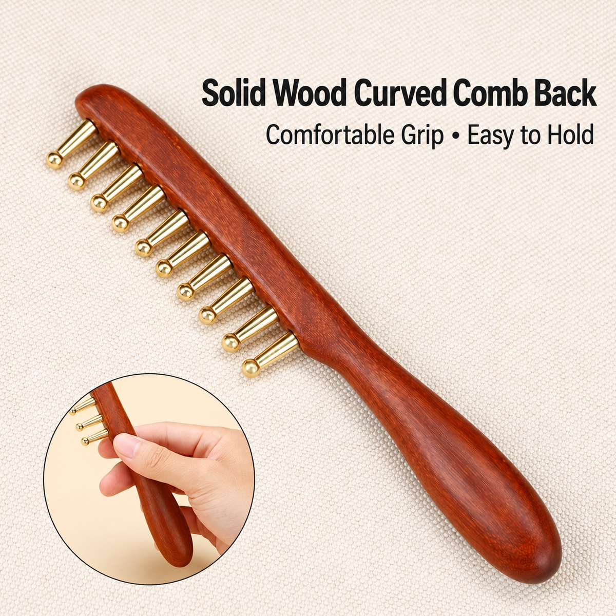 Wooden Scalp Massage Comb with Brass Teeth Rounded Metal Tooth Hair Brush