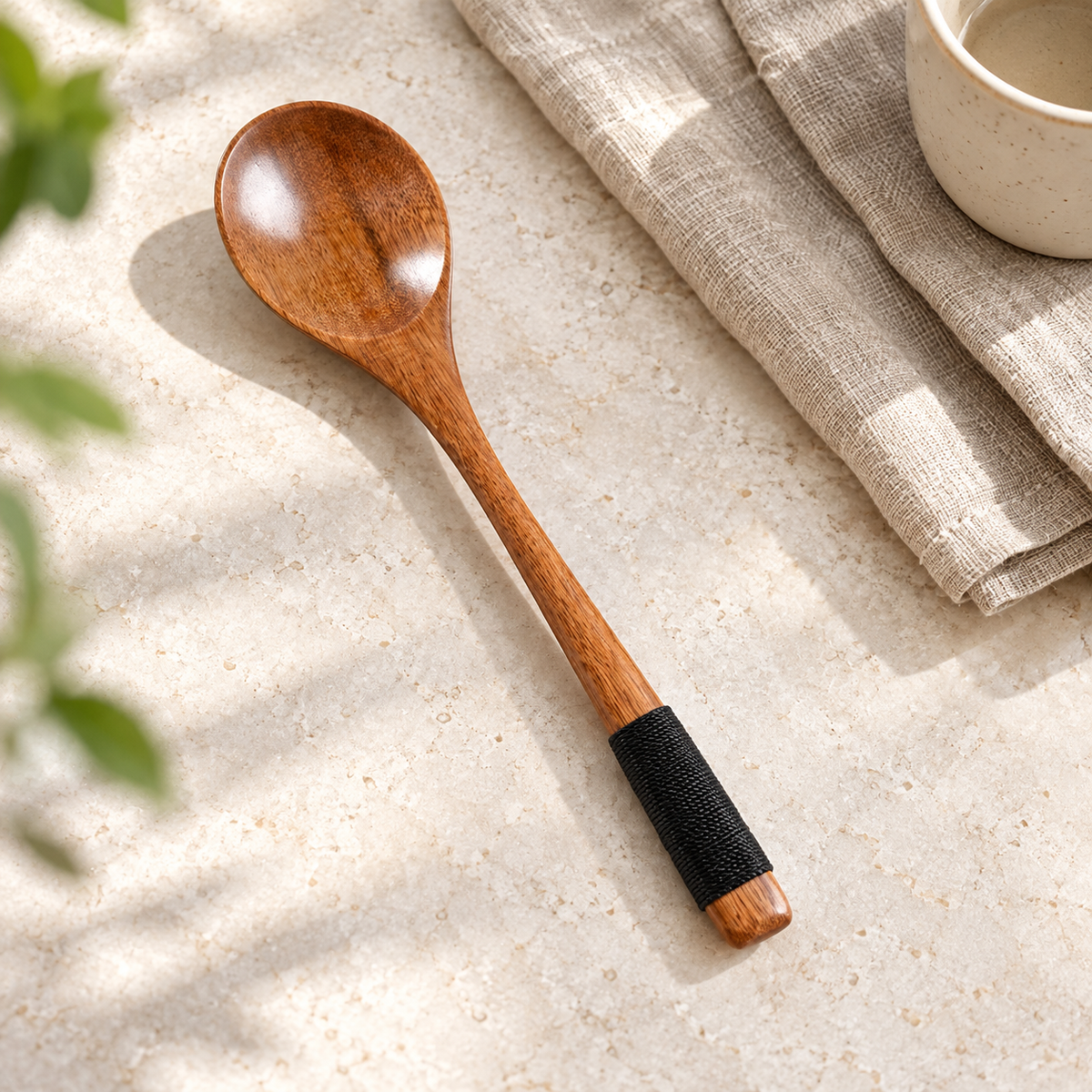 Nanmu Wood Dining Spoon with Cord Wrapped Handle