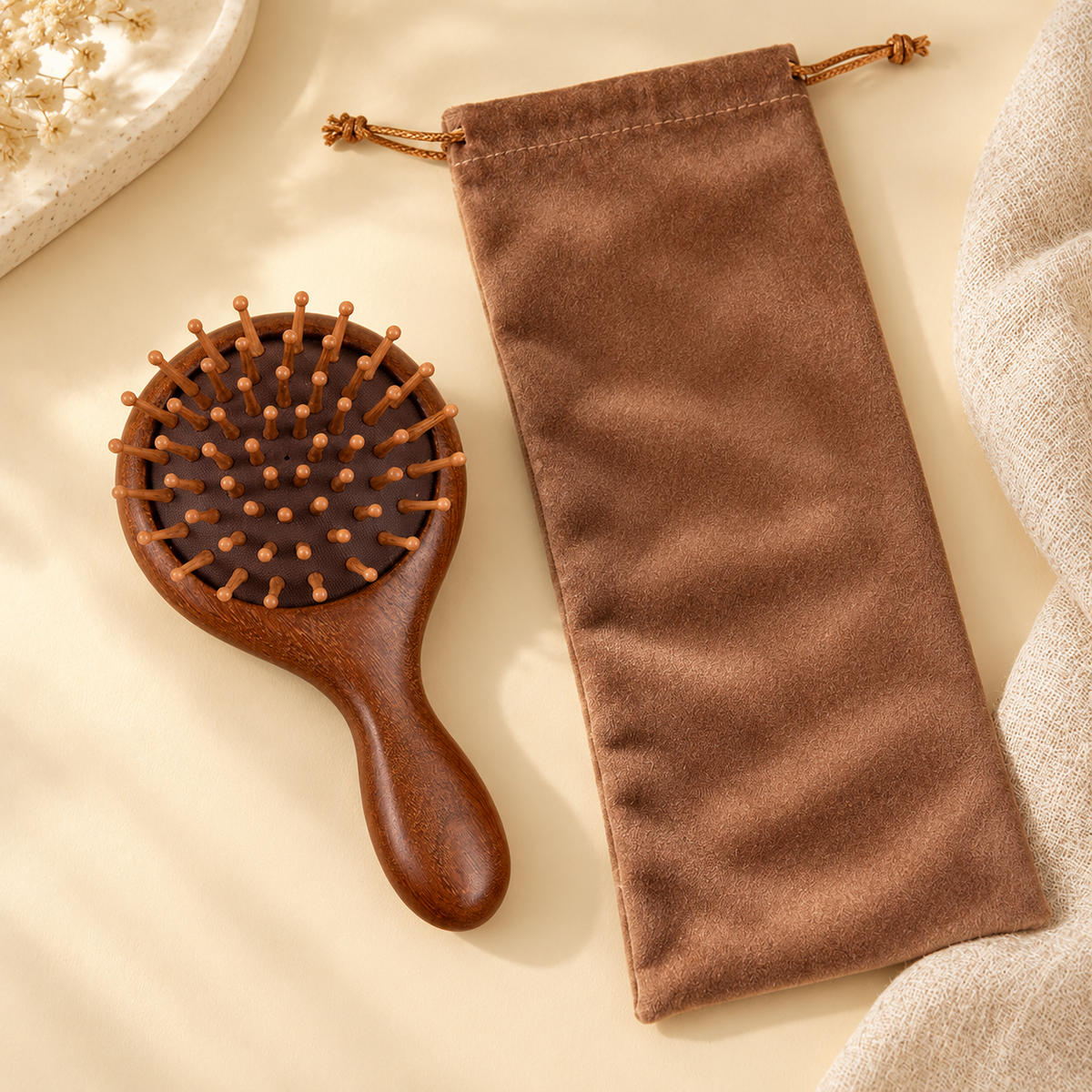 Round Wooden Pin Hairbrush with Complimentary Drawstring Pouch