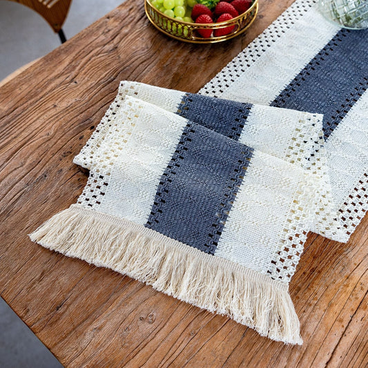 Boho Tassel Table Runner, Cotton Linen Crochet Woven Table Decor for Parties and Home Styling