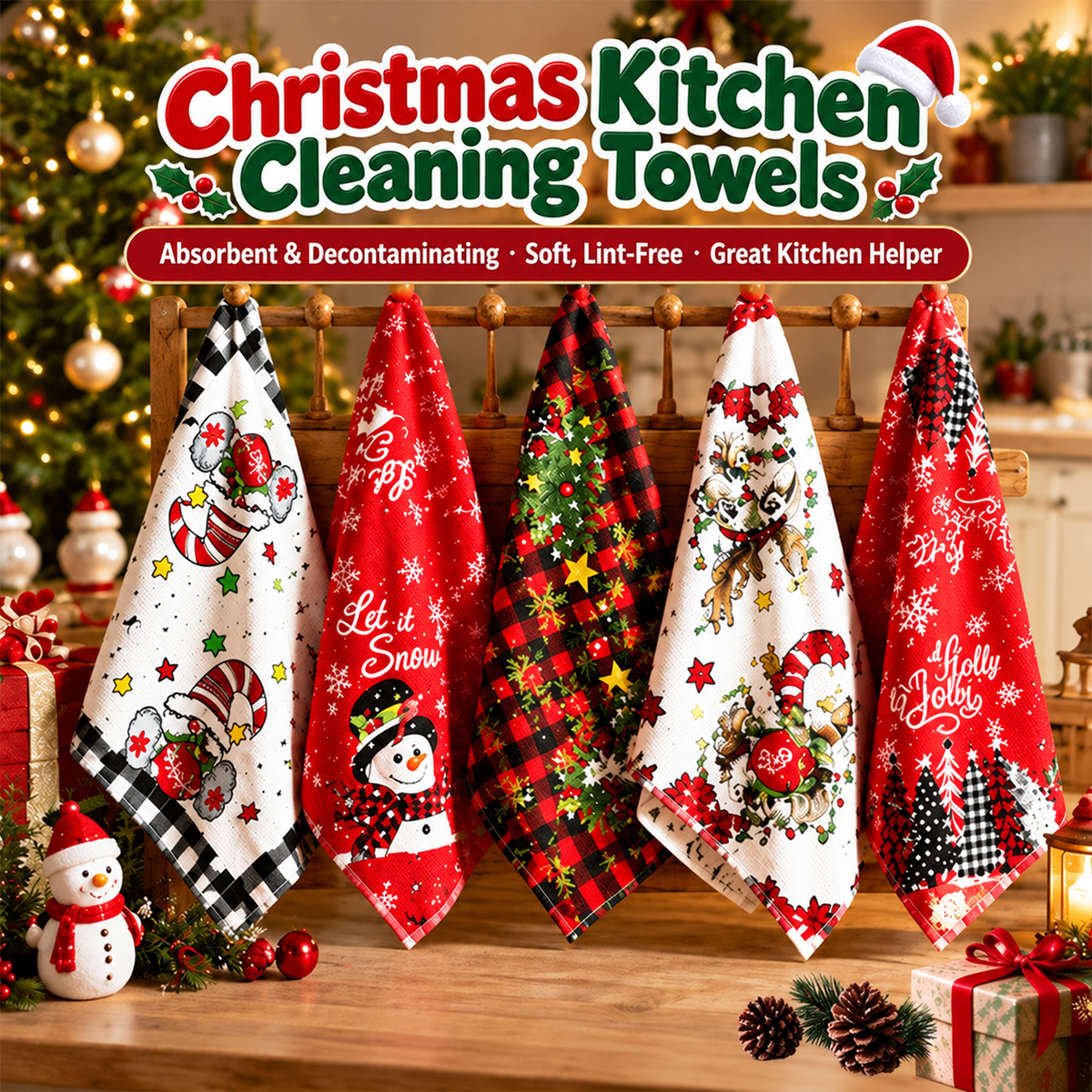 Christmas Kitchen Towel Santa Claus Christmas Tree Print Microfiber Dish Towel