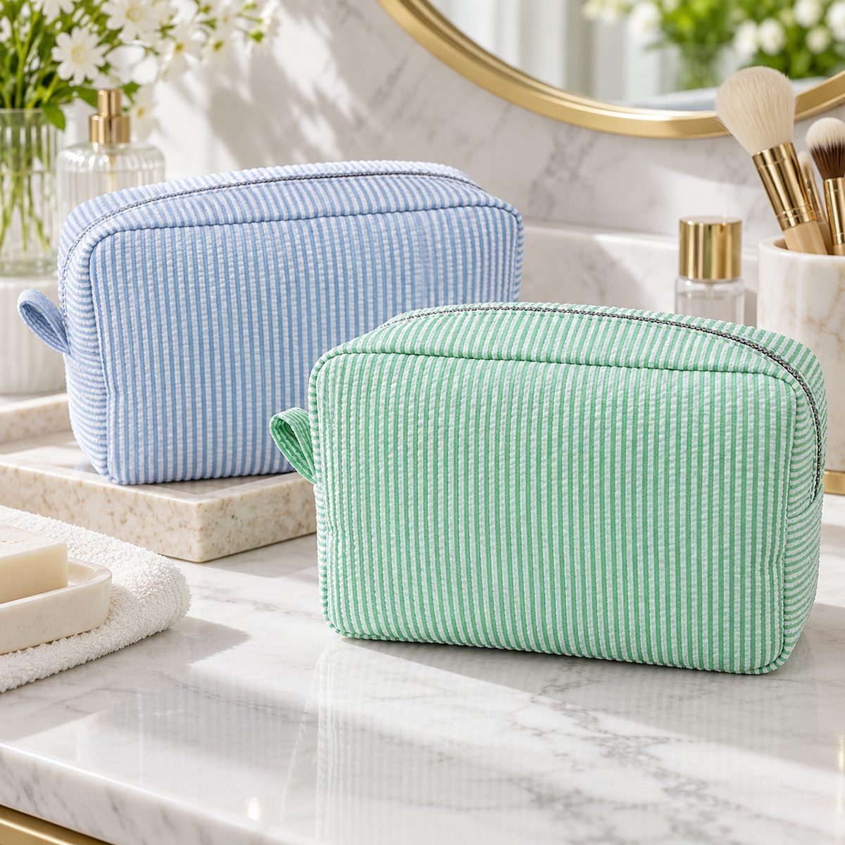 Striped Cotton Makeup Bag with Polyester Lining and Zip Closure