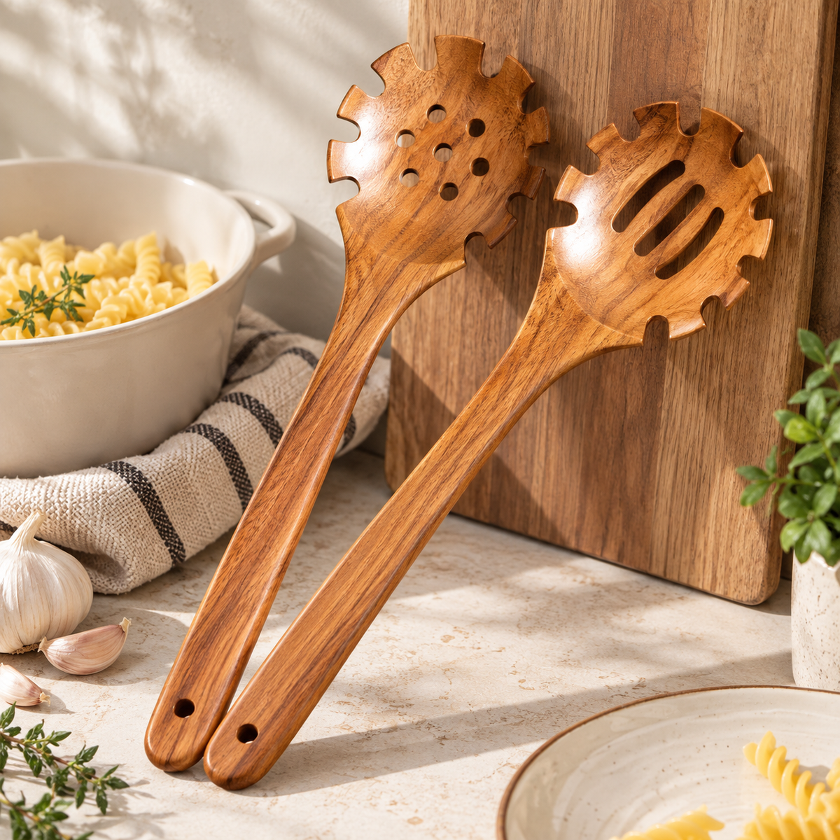 Natural Wooden Pasta Spoon Long Handle Spaghetti Server Slotted Cooking Utensil Kitchen Serving Spoon