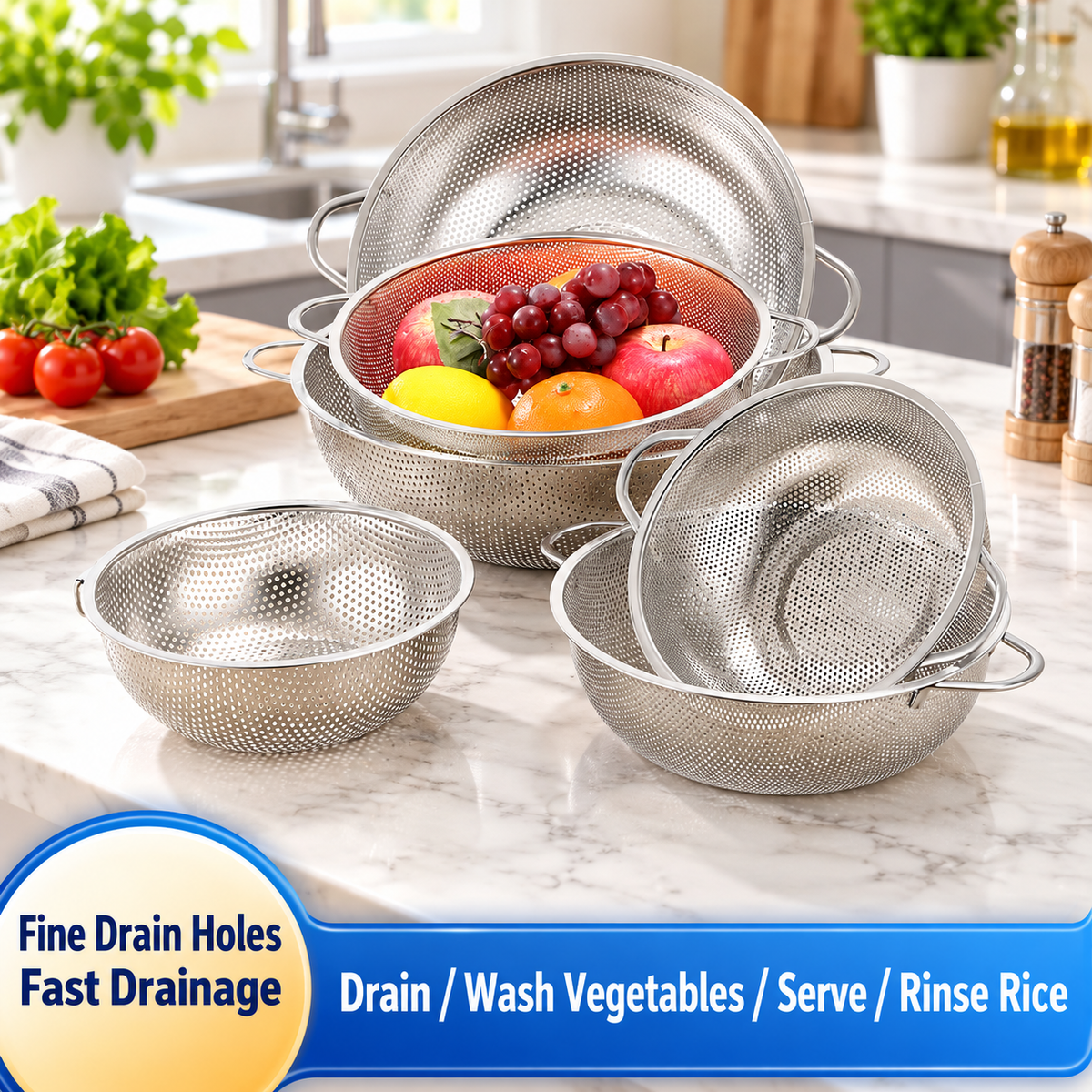 Stainless Steel Perforated Colander with Double Handles Kitchen Vegetable  Bowl