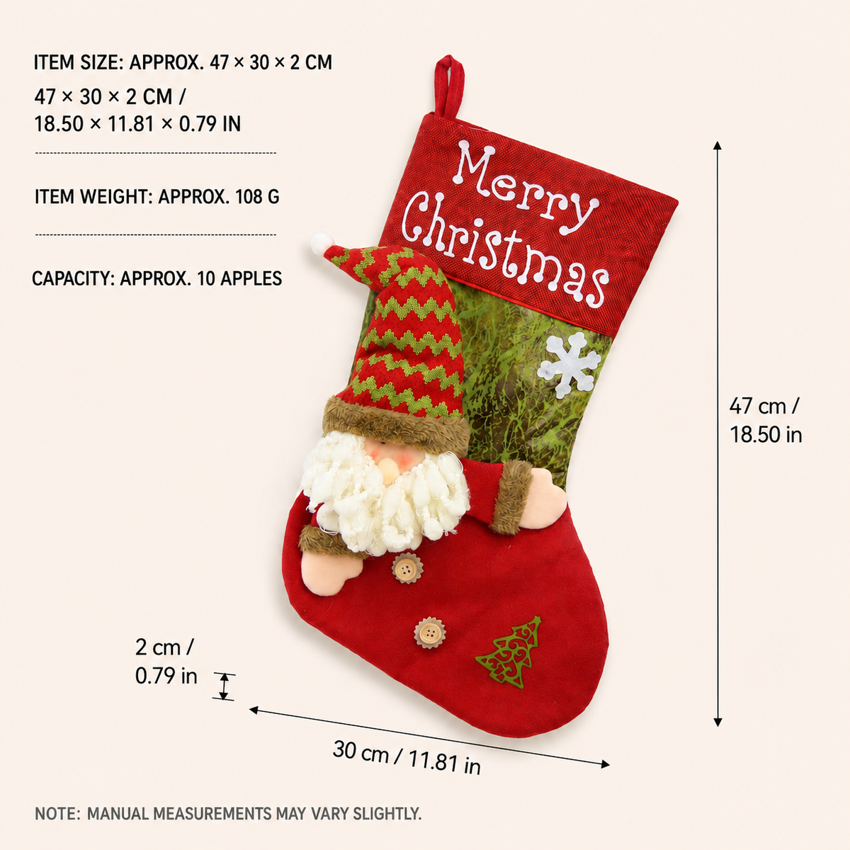 Christmas Stocking with 3D Character – Large 47 cm Polyester Fabric Holiday Stocking with Santa, Snowman or Reindeer for Fireplace, Staircase & Christmas Decor