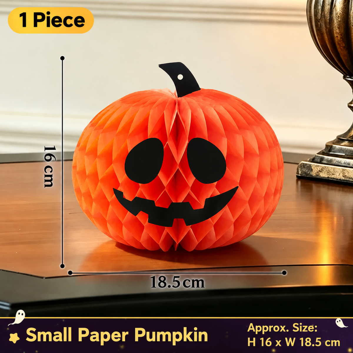 Halloween Honeycomb Paper Pumpkin Decoration, Orange Jack-O-Lantern Tabletop Decor, With or Without Witch Hat
