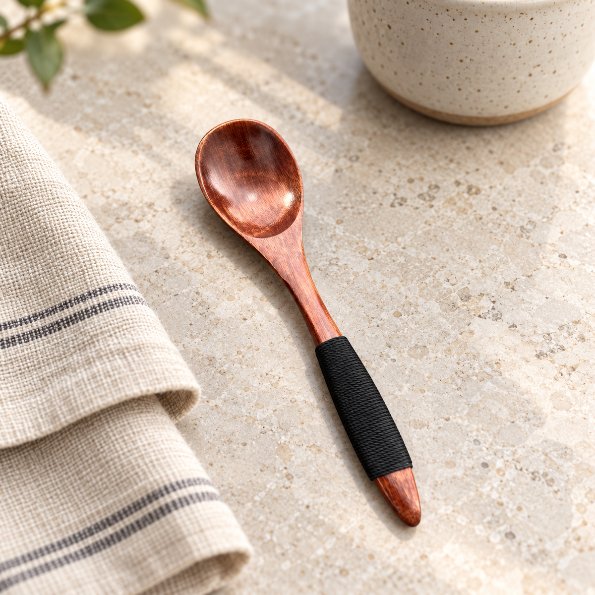 Small Rosewood Dessert Spoon with Black Cord Wrapped Handle