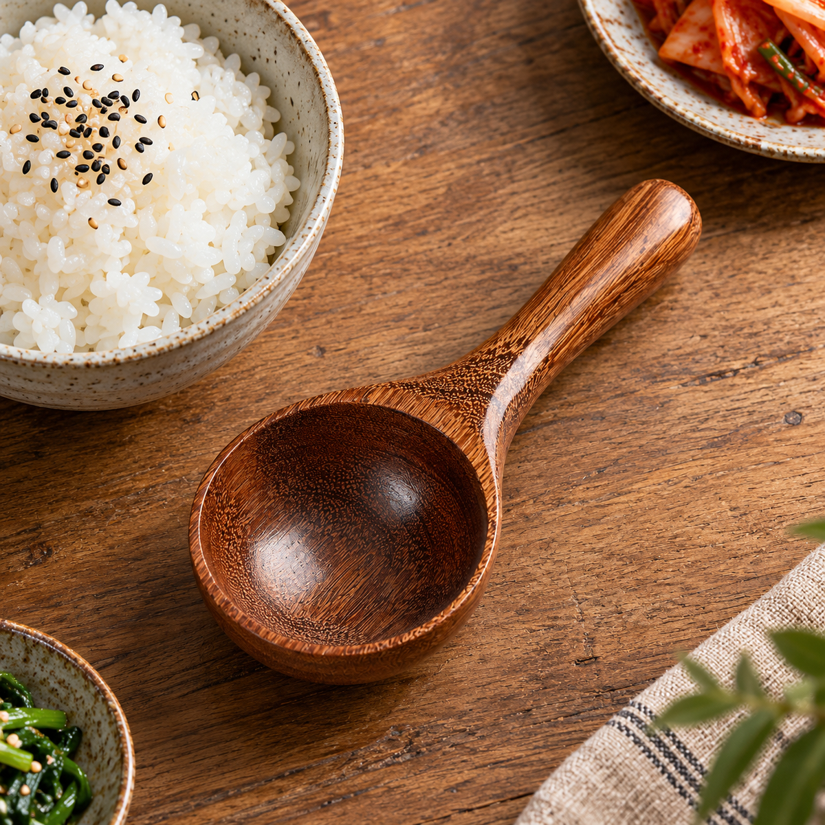 Korean Mukbang Style Large Wooden Soup Spoon with Deep Round Bowl