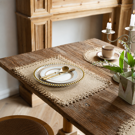 Farmhouse Vintage Jute Placemat with Tassels, Round Bowl Mat, Rectangular Heat Resistant Table Mat & Napkin