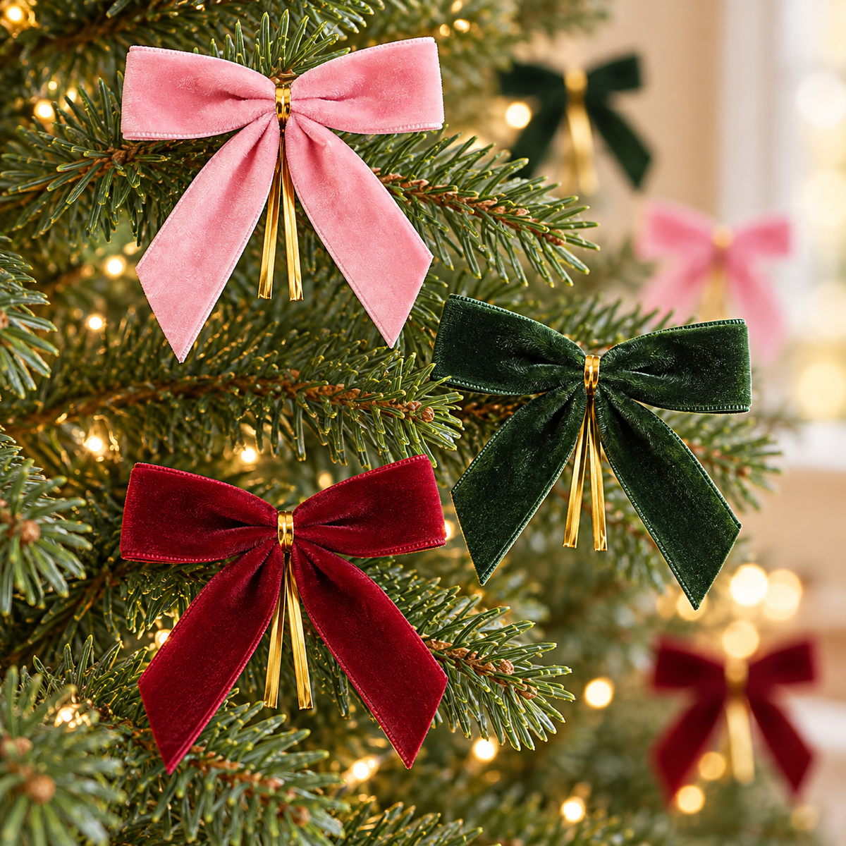 Velvet Christmas Bow Decorations, Pack of 24, 9 cm Ribbon Bows for Christmas Trees, Wreaths and Gift Wrapping