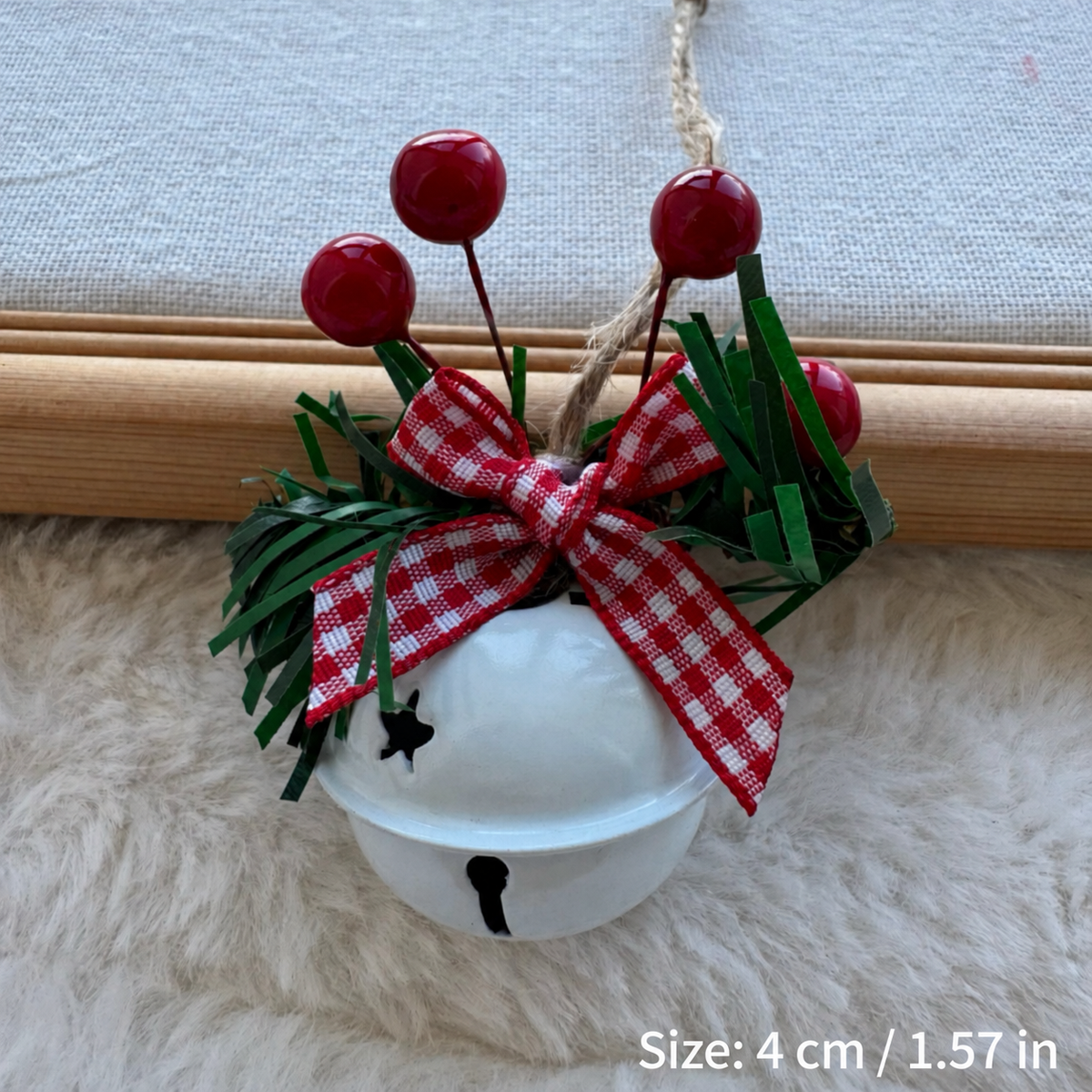 Rustic Christmas Jingle Bell Ornaments with Gingham Bows and Red Berries, 4 cm Hanging Decorations