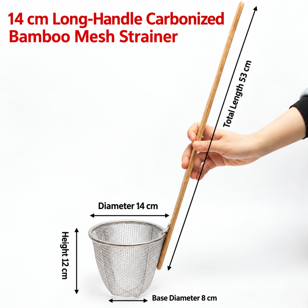 Long Handle Bamboo Mesh Skimmer, Stainless Steel Kitchen Strainer