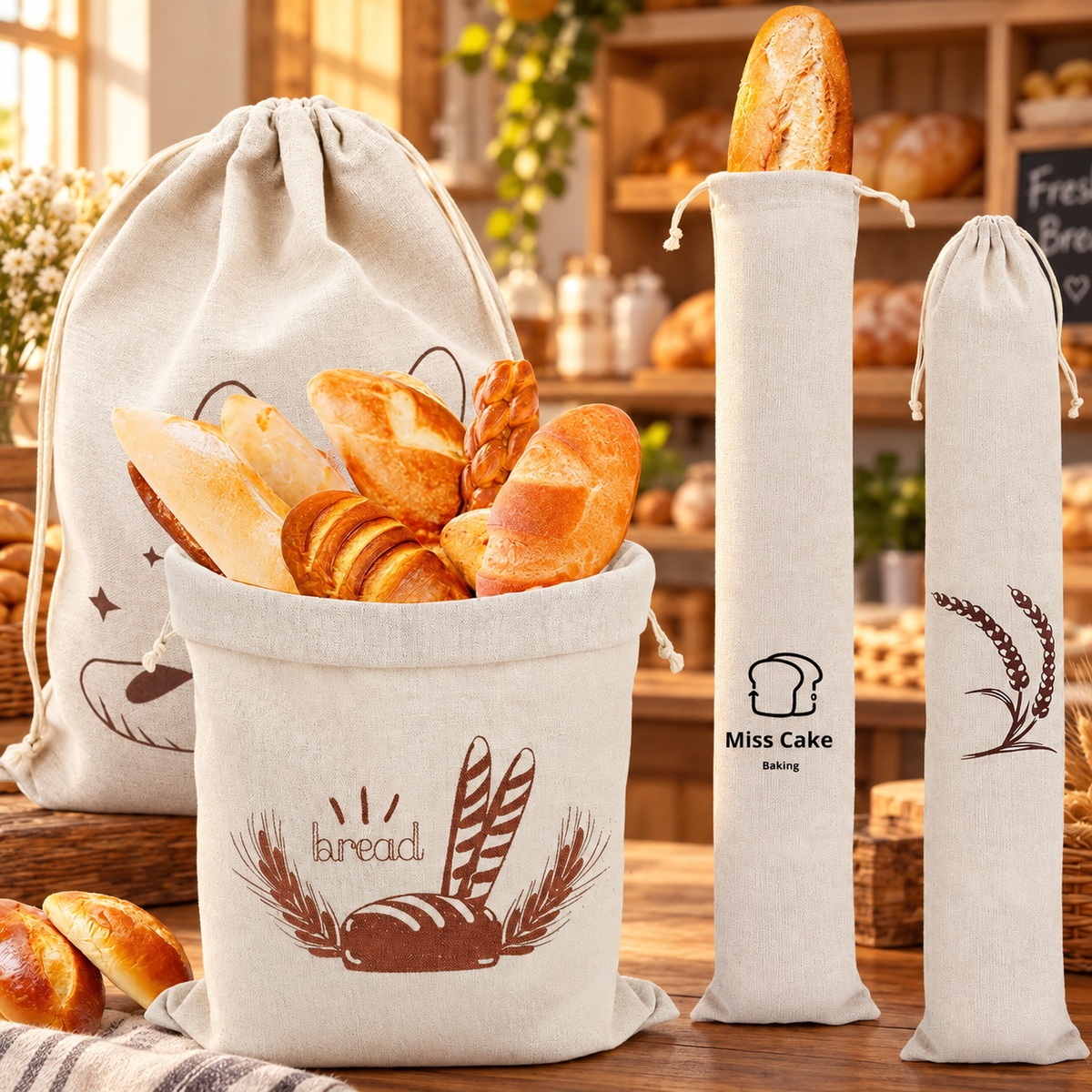 Custom Cotton Bread Bag, Reusable Drawstring Bakery Storage Bag