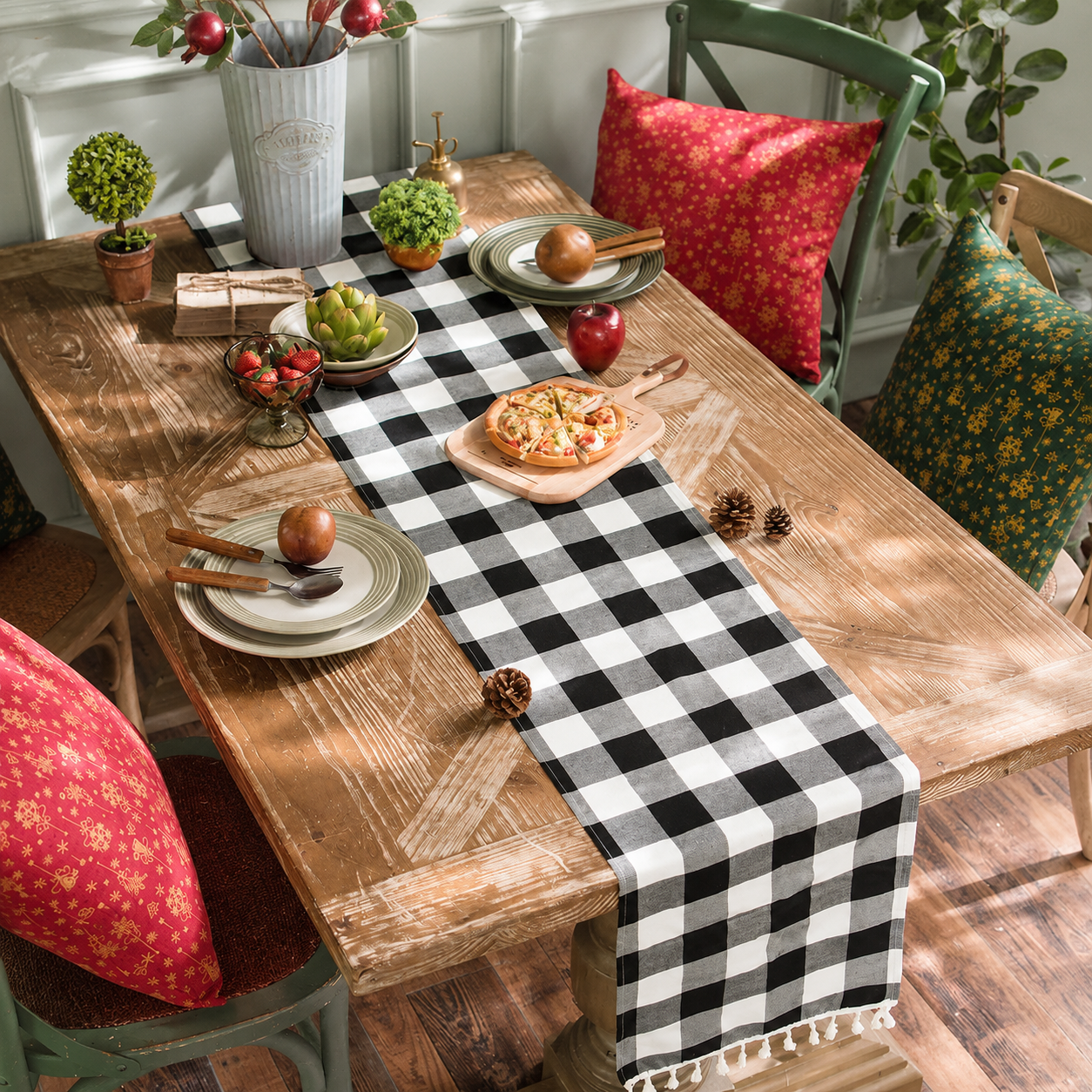 Buffalo Plaid Table Runner, Black White Tassel Dining Table Cover