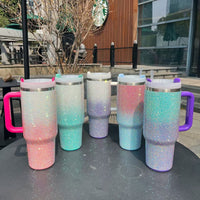 Gradient Rhinestone 40oz Stainless Steel Insulated Tumbler with Handle & Straw – Sparkling Color Fade Travel Mug