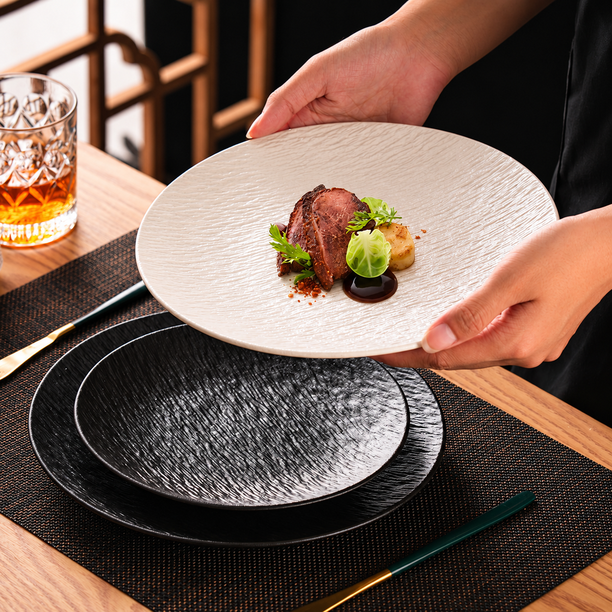 Stone Texture Ceramic Dinner Plate, Matte Shallow Serving Dish