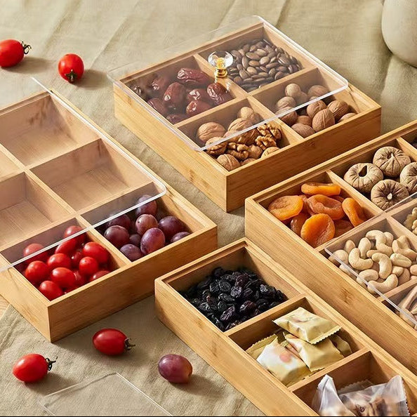 Bamboo Snack Box with Lid Compartment Storage Tray