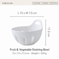 Porcelain Fruit & Vegetable Draining Bowl – Ceramic Colander Bowl with Handle for Kitchen Serving