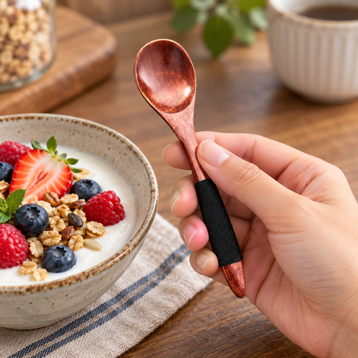 Small Rosewood Dessert Spoon with Black Cord Wrapped Handle