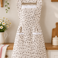 Floral Bib Apron – Vintage Flower Print Kitchen Apron with Front Pockets, Ruffle Trim Cooking Apron for Baking, Gardening & Home Use