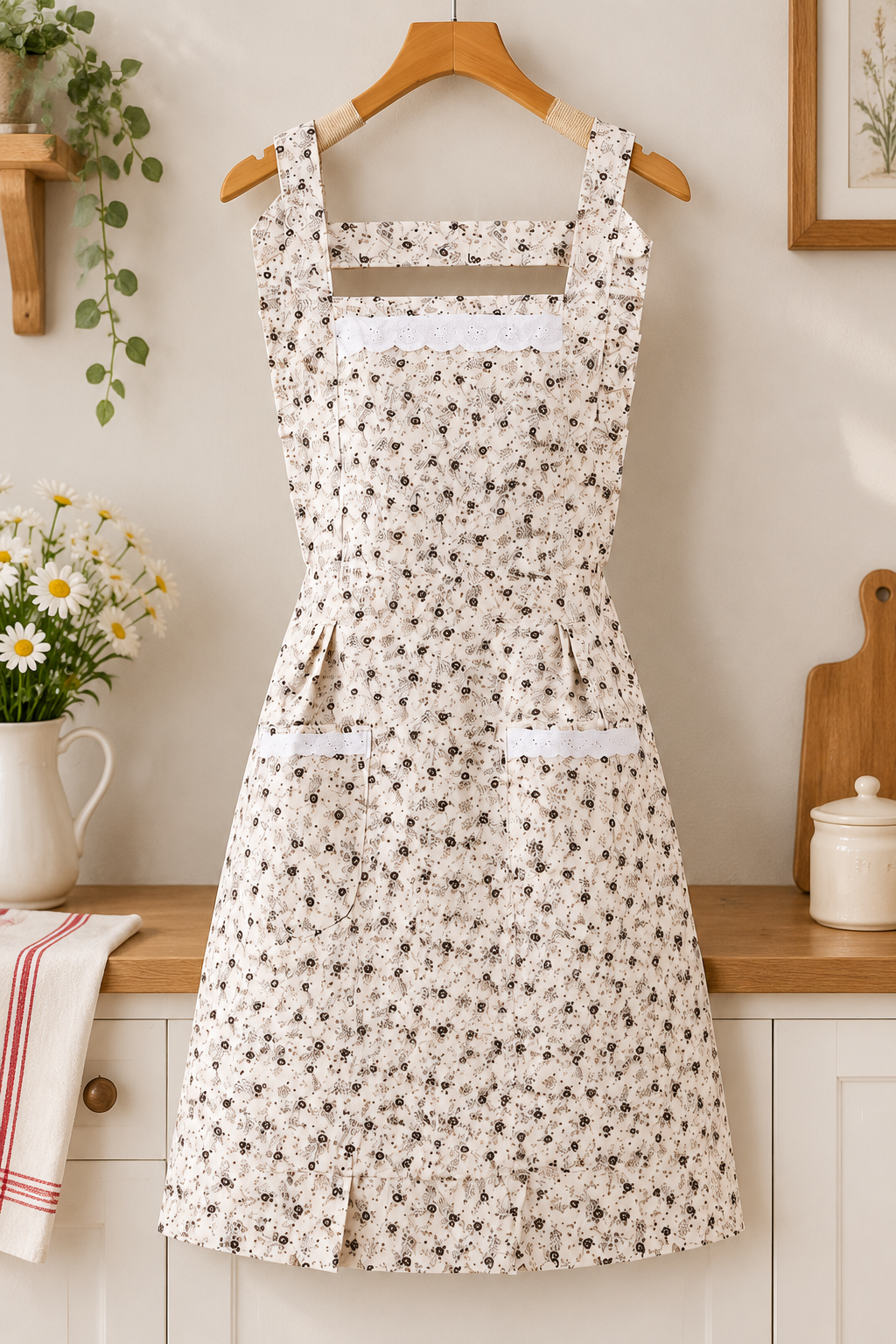 Floral Bib Apron – Vintage Flower Print Kitchen Apron with Front Pockets, Ruffle Trim Cooking Apron for Baking, Gardening & Home Use