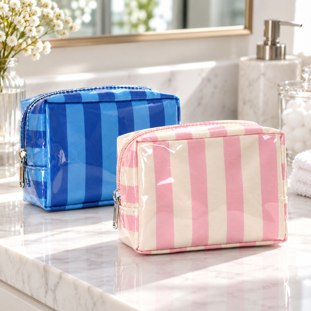 Striped Waterproof PVC Zip Pouch for Cosmetics and Small Essentials