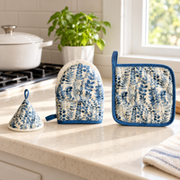 Floral Cotton Kitchen Set with Mini Oven Mitt Pot Holder and Lid Grip