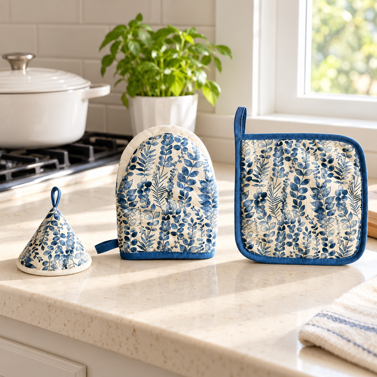Floral Cotton Kitchen Set with Mini Oven Mitt Pot Holder and Lid Grip