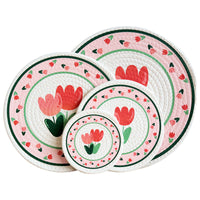Nordic Tulip Print Woven Cotton Rope Trivet, Heat Resistant Table Mat & Coaster