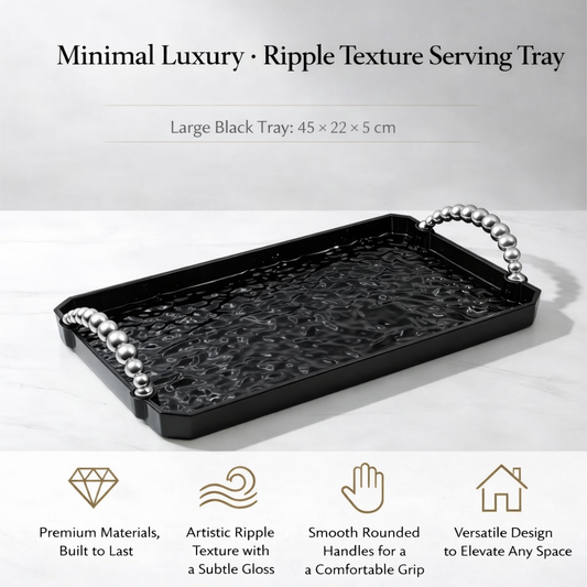 Glossy Black Ripple Surface Rectangular Plastic Tray Contemporary Serving Tray Sleek Countertop Organizer Display Platter