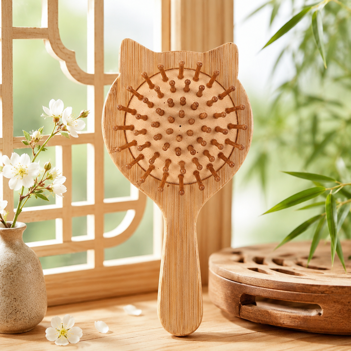 Cat Ear Bamboo Scalp Massage Hair Brush – Rounded Pins Gentle Detangling Wooden Paddle Brush