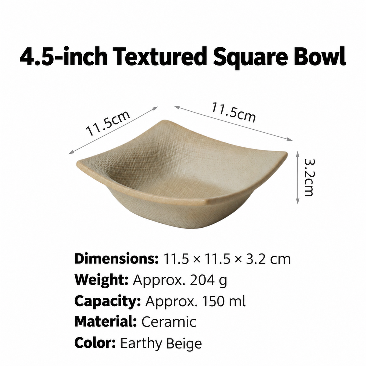 Textured Square Ceramic Bowl, Earthy Beige, 4.5, 6 or 8 Inch